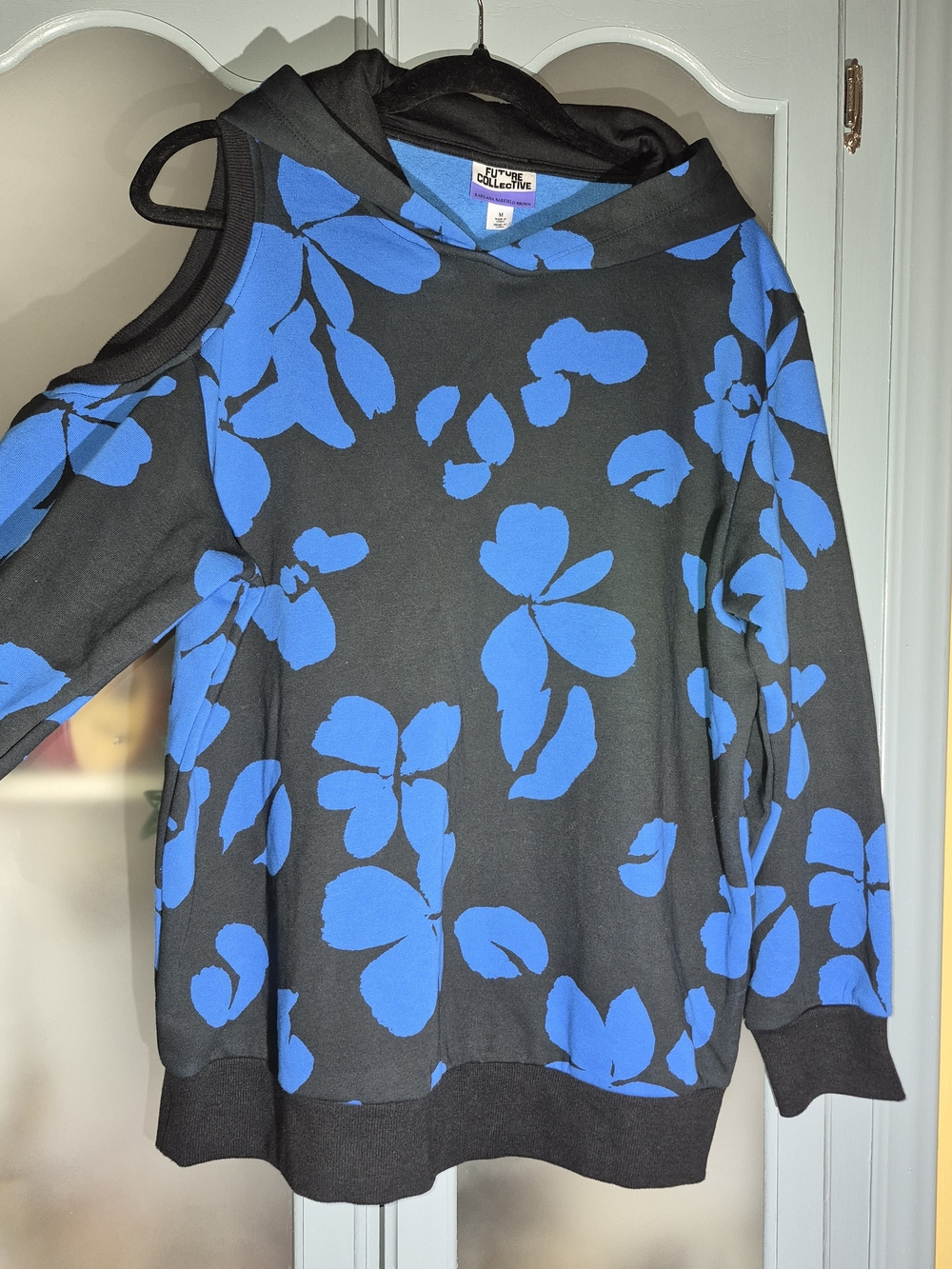 Futire Collective Off-the-Shoulder Floral Hoodie Sweater in Black & Blue